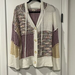 POL Cream and Purple Knit Hooded Cardigan